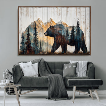 90077-MGV-CV-36X24-Wood Grizzly Bear Wall Art Canvas Print, Framed Abstract Bear Art Picture Print, Bear in Forest Perfect Rustic Lodge Decor Artwork