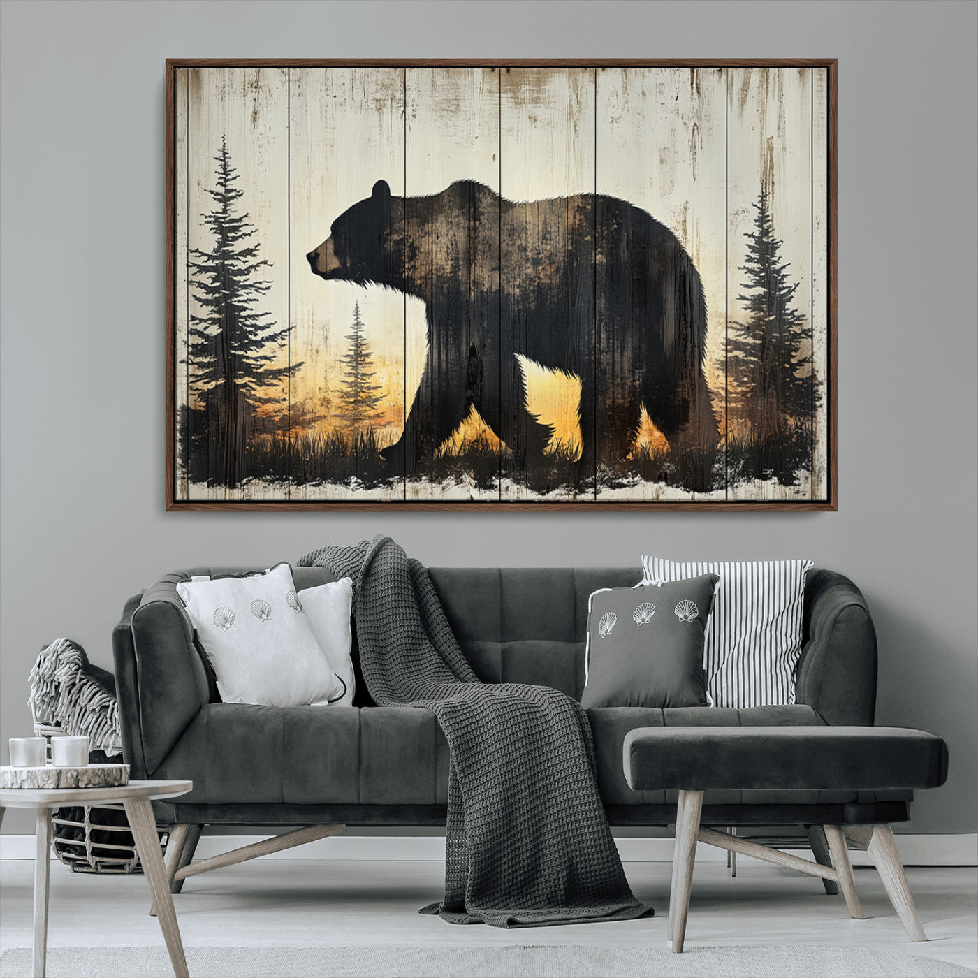 83875-MGV-CV-36X24-Sunset Bear Wall Art – Rustic Wildlife Canvas Print with Forest Silhouette, Cabin Lodge Decor for Living Room or Office
