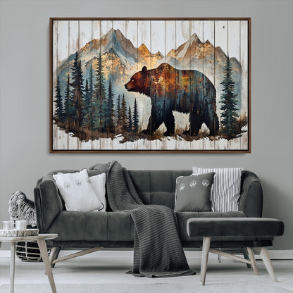 55777-MGV-CV-36X24-Rustic Bear Wall Art Canvas Print, Framed Mountain and Forest Art Picture Print, Wooden Bear Perfect Rustic Lodge Decor Artwork
