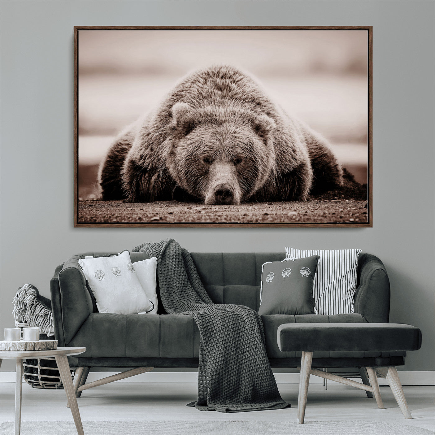 20611-MGV-CV-36X24-Grizzly Bear Wall Art – Majestic Wildlife Sepia Canvas Print, Rustic Nature Animal Artwork for Cabin, Lodge, Living Room, Bedroom,