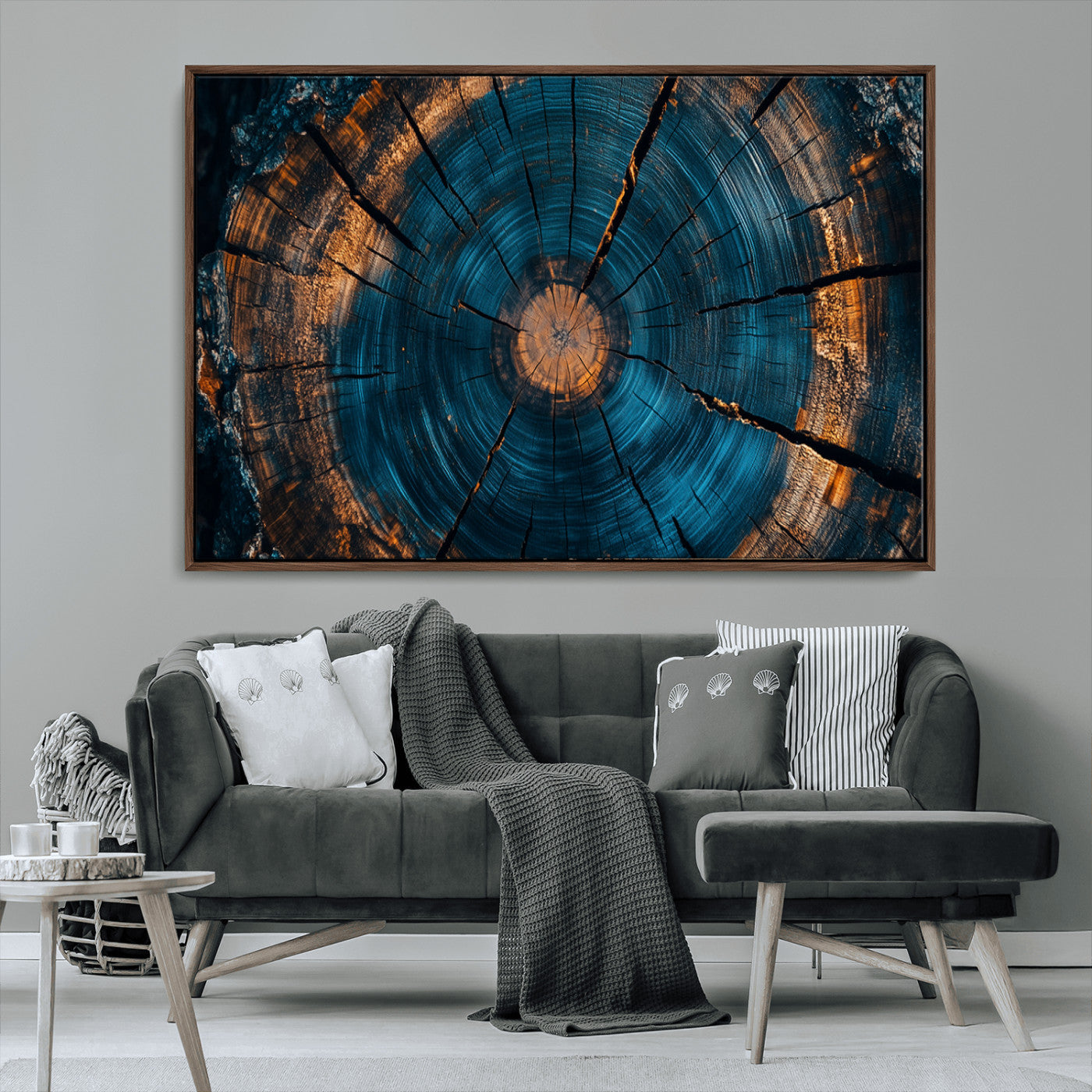65231-MGV-CV-36X24-Blue and Gold Tree Ring Wall Art – Rustic Abstract Wood Slice Canvas Print, Modern Nature Inspired Artwork for Living Room,