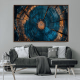 65231-MGV-CV-36X24-Blue and Gold Tree Ring Wall Art – Rustic Abstract Wood Slice Canvas Print, Modern Nature Inspired Artwork for Living Room,