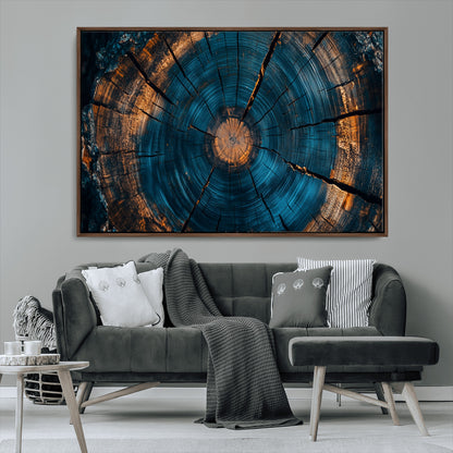 65231-MGV-CV-36X24-Blue and Gold Tree Ring Wall Art – Rustic Abstract Wood Slice Canvas Print, Modern Nature Inspired Artwork for Living Room,