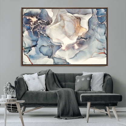 51497-MGV-CV-36X24-Abstract Blue and Gold Wall Art – Modern Fluid Ink Style Canvas Print, Elegant Contemporary Decor for Living Room, Office