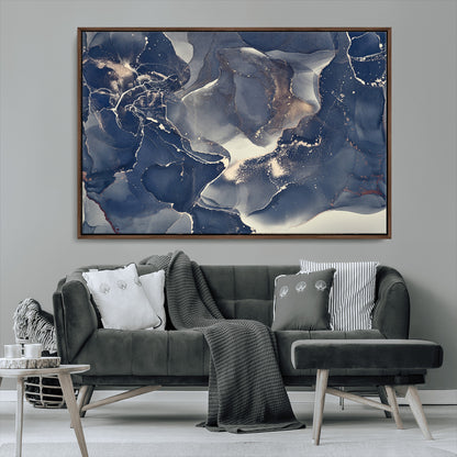 28282-MGV-CV-36X24-Blue Abstract Wall Art – Modern Ink Swirl Canvas Print, Contemporary Navy and Gold Painting for Living Room, Bedroom, Office or