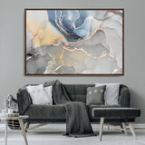 18176-MGV-CV-36X24-Abstract Fluid Wall Art – Modern Marble Ink Canvas Print with Blue, Gold, and Gray Tones, Contemporary Minimal Artwork Decor for