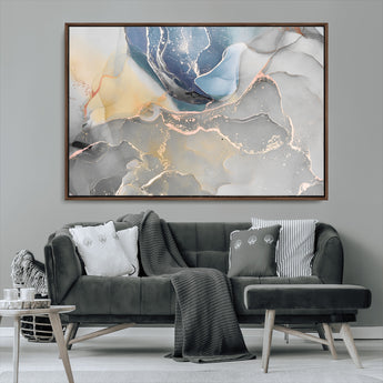 18176-MGV-CV-36X24-Abstract Fluid Wall Art – Modern Marble Ink Canvas Print with Blue, Gold, and Gray Tones, Contemporary Minimal Artwork Decor for