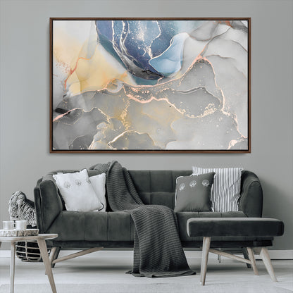 18176-MGV-CV-36X24-Abstract Fluid Wall Art – Modern Marble Ink Canvas Print with Blue, Gold, and Gray Tones, Contemporary Minimal Artwork Decor for