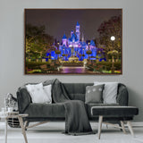 63560-MGV-FC-36X24_Walnut-Fairy Tale Castle Wall Art – Magical Night Scene Canvas Print with Lights and Gardens, Fantasy Architecture Artwork for Living