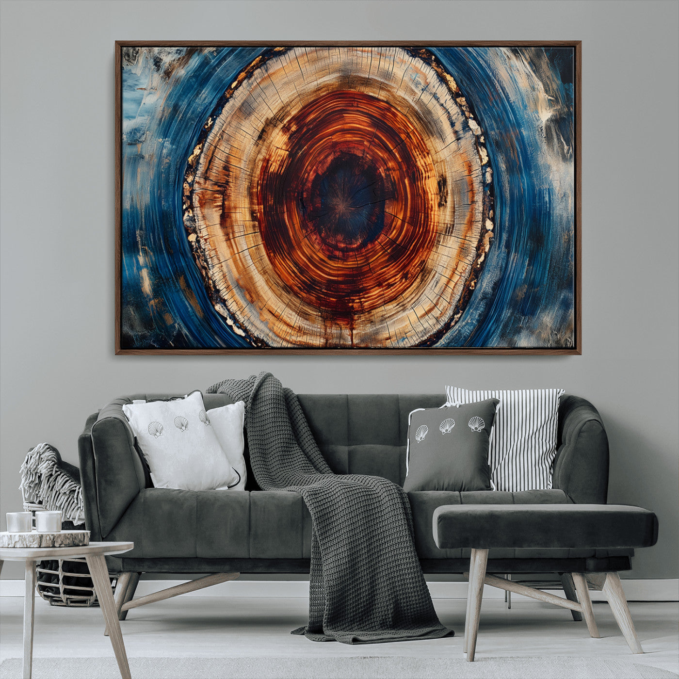 90395-MGV-CV-36X24-Tree Ring Wall Art – Abstract Wood Grain Canvas Print with Fiery Red and Blue Tones, Bold Rustic Nature Inspired Artwork Decor for