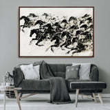 23069-MGV-CV-36X24-Galloping Horses Wall Art – Black Ink Painting on Canvas, Dynamic Equestrian Artwork with Running Stallions, Expressive Modern