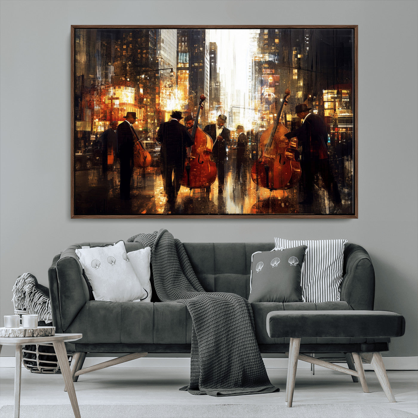 58782-MGV-FC-36X24_Walnut-Jazz Musicians Cityscape Wall Art – Vibrant Urban Night Canvas Print, Elegant Music Themed Decor for Living Room, Office, or Music