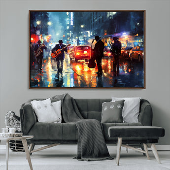 94605-MGV-CV-36X24-City Jazz Night Wall Art – Vibrant Music Canvas Print Featuring Saxophone, Guitar and Bass Players, Urban Street Scene Artwork for