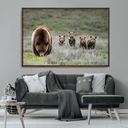 65087B-MGV-CV-36X24-Bear Family Wall Art – Wildlife Canvas Print Featuring Mother Bear with Cubs in Nature, Rustic Animal Artwork for Living Room,