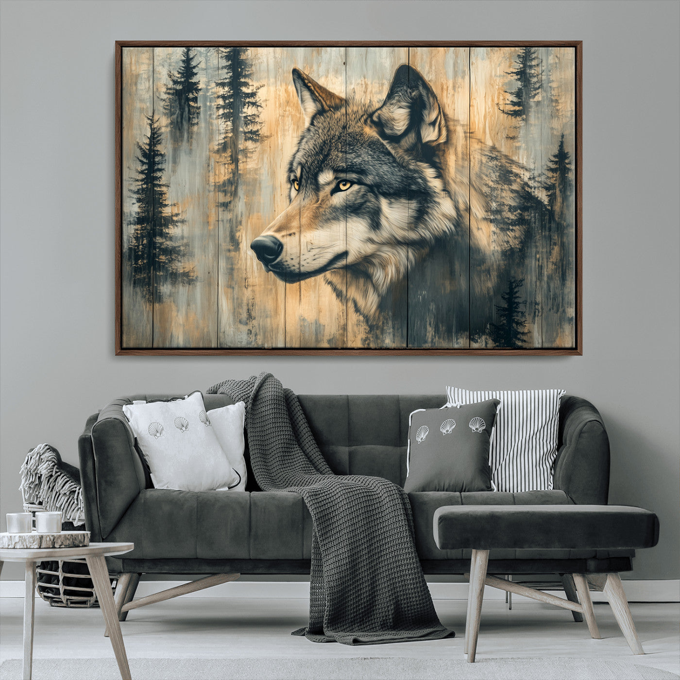 51892-MGV-FC-36X24_Walnut-Wolf Wall Art – Rustic Canvas Print of Wolf with Forest Trees on Wood Texture, Wildlife Lodge Artwork for Living Room, Bedroom,