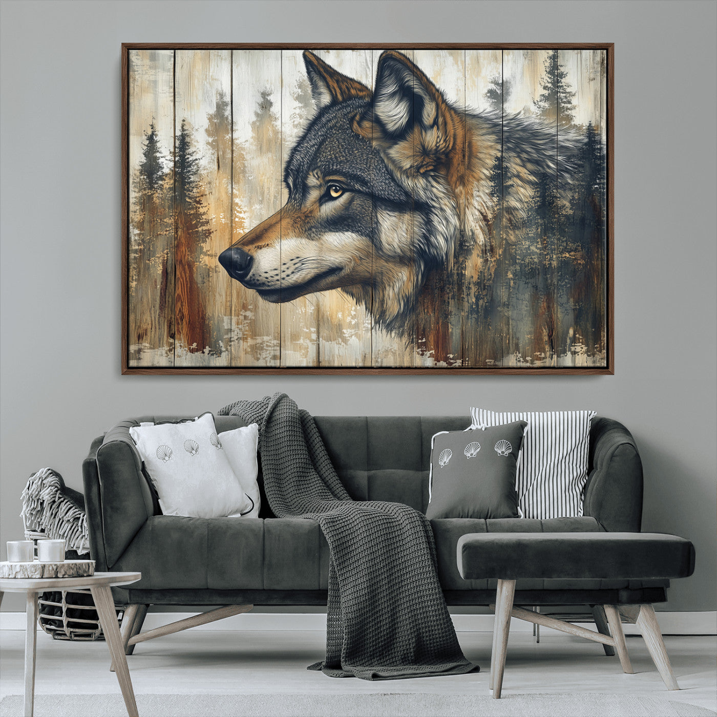 91882-MGV-CV-36X24-Wolf Wall Art – Rustic Canvas Print of Forest Wolf on Wood Background, Wildlife Lodge Artwork for Living Room, Bedroom, Cabin, or