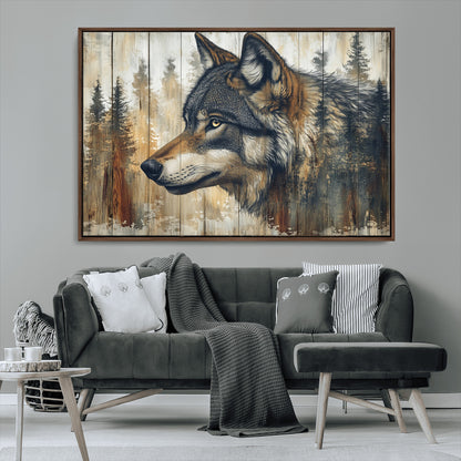 91882-MGV-CV-36X24-Wolf Wall Art – Rustic Canvas Print of Forest Wolf on Wood Background, Wildlife Lodge Artwork for Living Room, Bedroom, Cabin, or