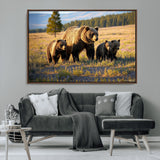 43400-MGV-FC-36X24_Walnut-Bear Family Wall Art – Wildlife Canvas Print of Mother Bear with Cubs in Sunlit Meadow, Rustic Animal Artwork for Living Room,