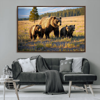 43400-MGV-FC-36X24_Walnut-Bear Family Wall Art – Wildlife Canvas Print of Mother Bear with Cubs in Sunlit Meadow, Rustic Animal Artwork for Living Room,