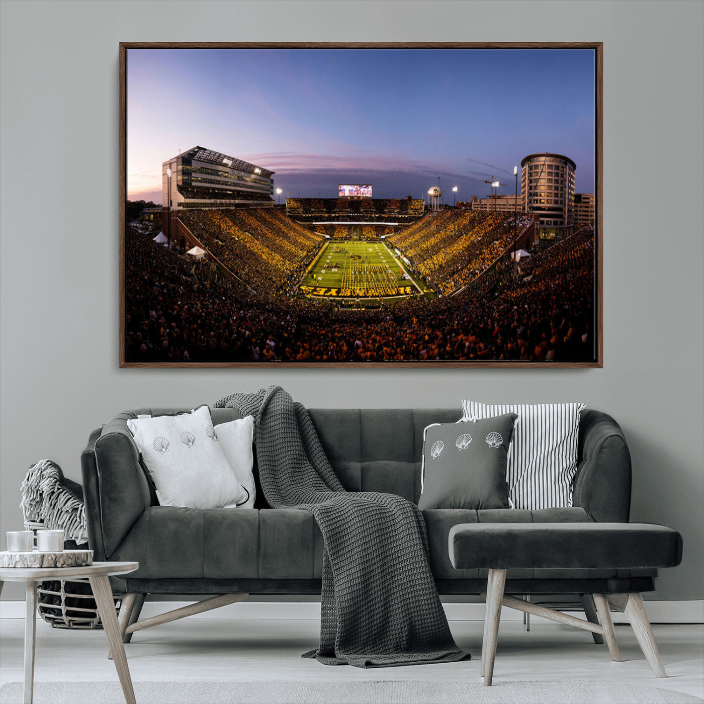 82557-MGV-FC-36X24_Walnut-College Football Stadium Wall Art – Panoramic Sunset Canvas Print with Marching Band and Game Day Crowd, Sports Artwork for Man