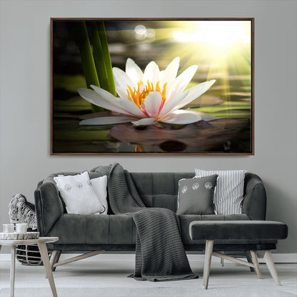60352-MGV-CV-36X24-White Water Lily Wall Art – Lotus Flower Canvas Print with Sunlight Reflection, Peaceful Botanical Artwork for Living Room,