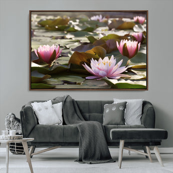 28394-MGV-FC-36X24_Walnut-Water Lily Pond Wall Art – Pink Lotus Flowers Canvas Print with Green Lily Pads, Peaceful Botanical Artwork for Living Room,