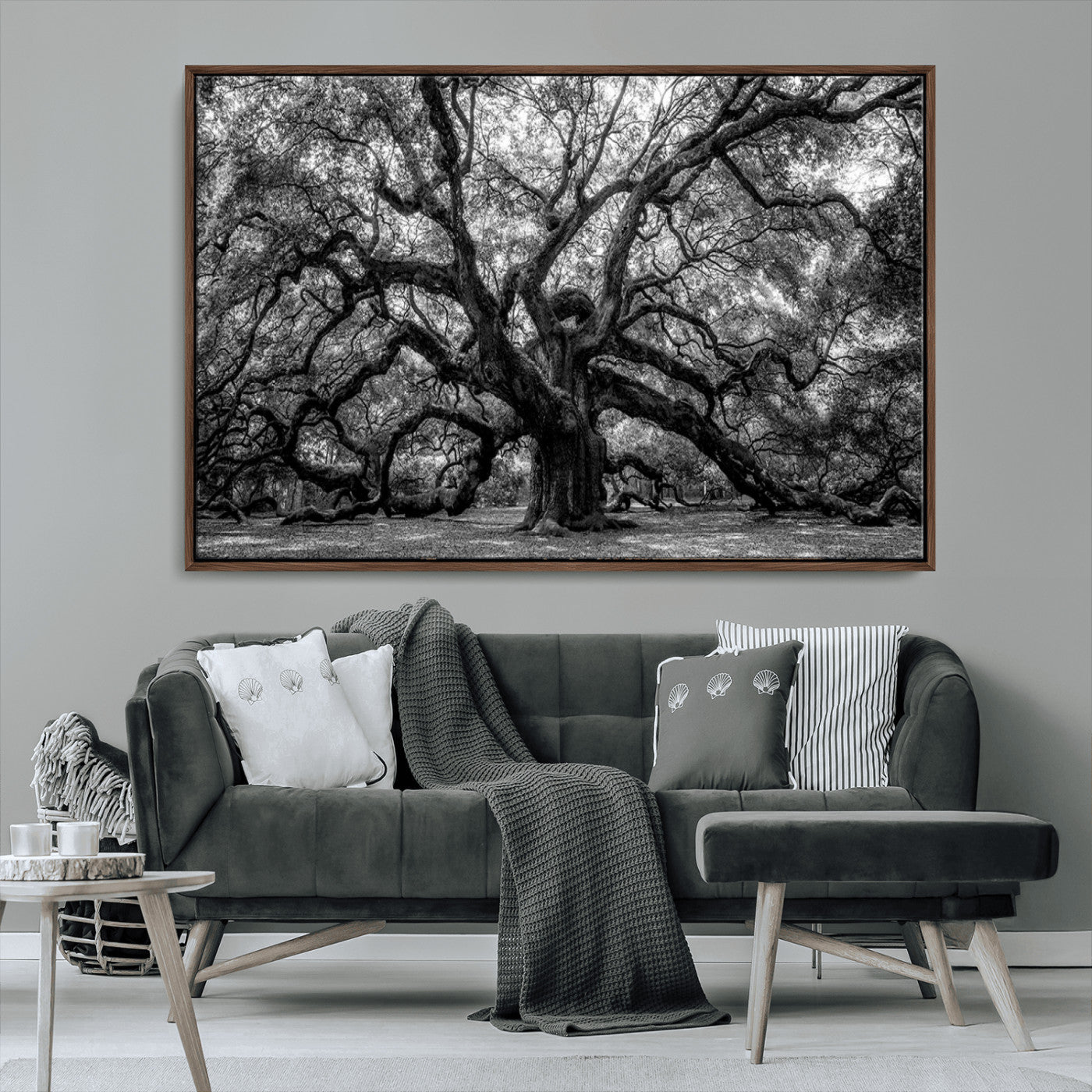 132944706-MGV-FC-36X24_Walnut-Ancient Tree Wall Art – Black and White Photography Canvas Print Featuring Majestic Twisting Branches, Rustic Nature Artwork for