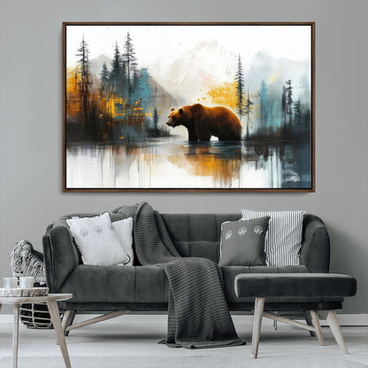 50308-MGV-CV-36X24-Abstract Rustic Bear Wall Art – Forest and Mountain Scene Canvas Print, Nature Artwork for Modern Farmhouse or Log Cabin Decor