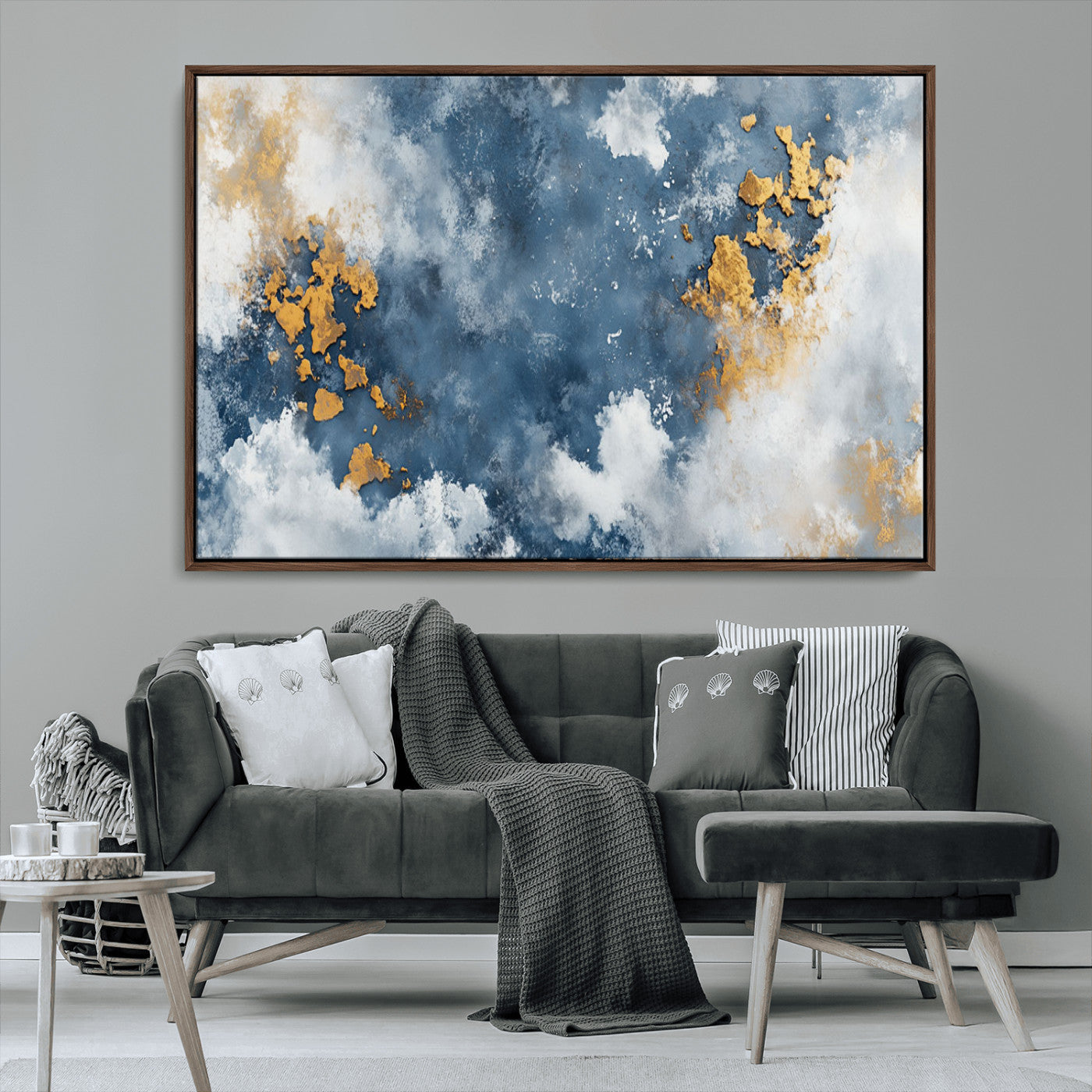 39575-MGV-CV-36X24-Blue and Gold Abstract Wall Art – Modern Canvas Print Featuring Cloudy Textures with Metallic Accents, Contemporary Artwork for