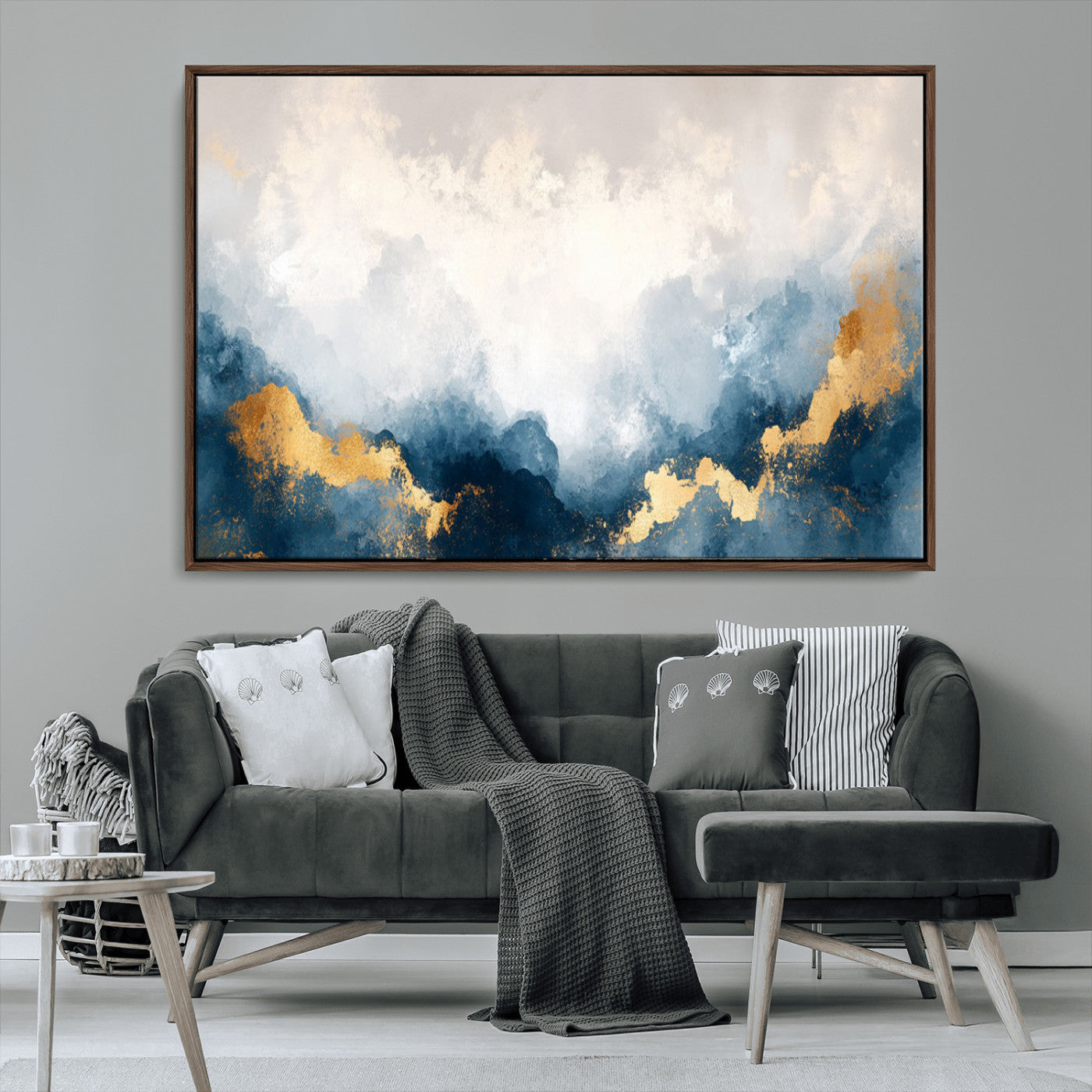 14578-MGV-CV-36X24-Abstract Wall Art – Modern Canvas Print Featuring Blue and White Clouds with Golden Accents, Contemporary Elegant Artwork for