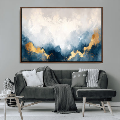 14578-MGV-CV-36X24-Abstract Wall Art – Modern Canvas Print Featuring Blue and White Clouds with Golden Accents, Contemporary Elegant Artwork for