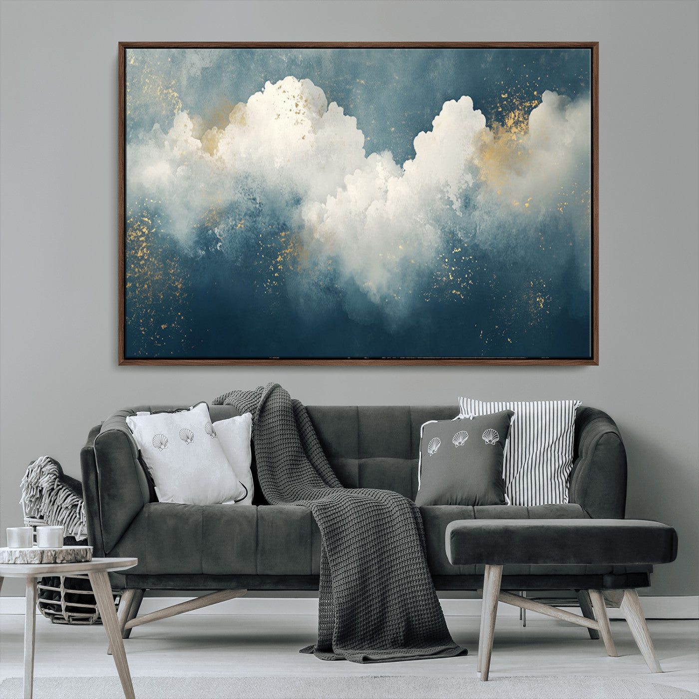 75131-MGV-CV-36X24-Abstract Cloud Wall Art – Modern Canvas Print Featuring Blue and White Clouds with Golden Accents, Contemporary Artwork for Living