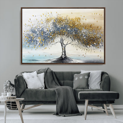 24771-MGV-FC-36X24_Walnut-Silver Tree Wall Art Canvas Print, Framed Golden Leaves Art Picture Print, Metallic Tree Perfect Minimalist Luxury Decor Artwork