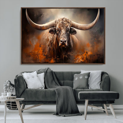 240479-MGV-CV-36X24-Longhorn Bull Wall Art – Dramatic Western Canvas Print Featuring Horned Bull with Fiery Background, Rustic Farmhouse Artwork for