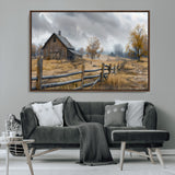 Farm1-MGV-CV-36X24-Rustic Autumn Farmhouse Wall Art – Serene Countryside Scene Canvas Print, Weathered Barn and Autumn Trees Decor for Living Room,
