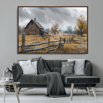 Farm1-MGV-CV-36X24-Rustic Autumn Farmhouse Wall Art – Serene Countryside Scene Canvas Print, Weathered Barn and Autumn Trees Decor for Living Room,