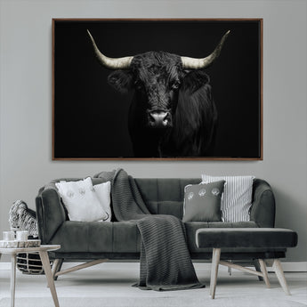 97914921-MGV-CV-36X24-Black Bull Wall Art Canvas Print, Framed Longhorn Bull Art Picture Print, Western Bull Perfect Monochrome Western Decor Artwork