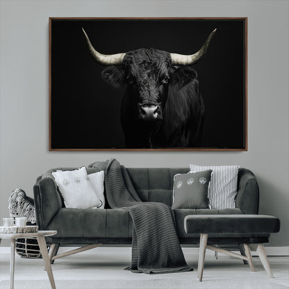 97914921-MGV-CV-36X24-Black Bull Wall Art Canvas Print, Framed Longhorn Bull Art Picture Print, Western Bull Perfect Monochrome Western Decor Artwork