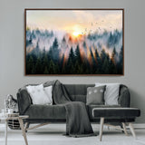 56391411-MGV-CV-36X24-Misty Forest Wall Art Canvas Print, Framed Sunrise Pines Art Picture Print, Moody Pines Perfect Serene Woodland Decor Artwork