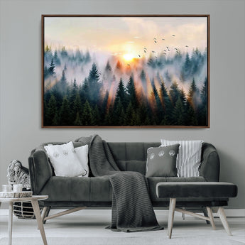 56391411-MGV-CV-36X24-Misty Forest Wall Art Canvas Print, Framed Sunrise Pines Art Picture Print, Moody Pines Perfect Serene Woodland Decor Artwork