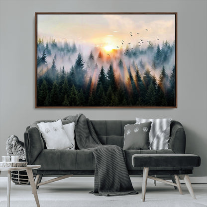 56391411-MGV-CV-36X24-Misty Forest Wall Art Canvas Print, Framed Sunrise Pines Art Picture Print, Moody Pines Perfect Serene Woodland Decor Artwork