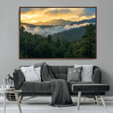 68082278-MGV-CV-36X24-Mountain Sunrise Wall Art Canvas Print, Framed Pine Forest Art Picture Print, Misty Mountains Perfect Earthy Woodland Decor