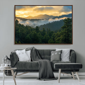 68082278-MGV-CV-36X24-Mountain Sunrise Wall Art Canvas Print, Framed Pine Forest Art Picture Print, Misty Mountains Perfect Earthy Woodland Decor