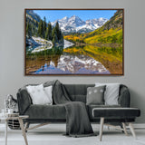 87724099-MGV-CV-36X24-Maroon Bells Wall Art Canvas Print, Framed Snowy Mountains Art Picture Print, Pine Forest Perfect Vibrant Alpine Decor Artwork
