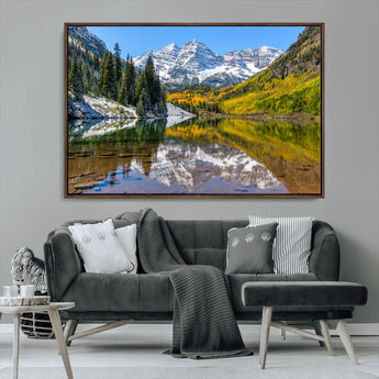 87724099-MGV-CV-36X24-Maroon Bells Wall Art Canvas Print, Framed Snowy Mountains Art Picture Print, Pine Forest Perfect Vibrant Alpine Decor Artwork
