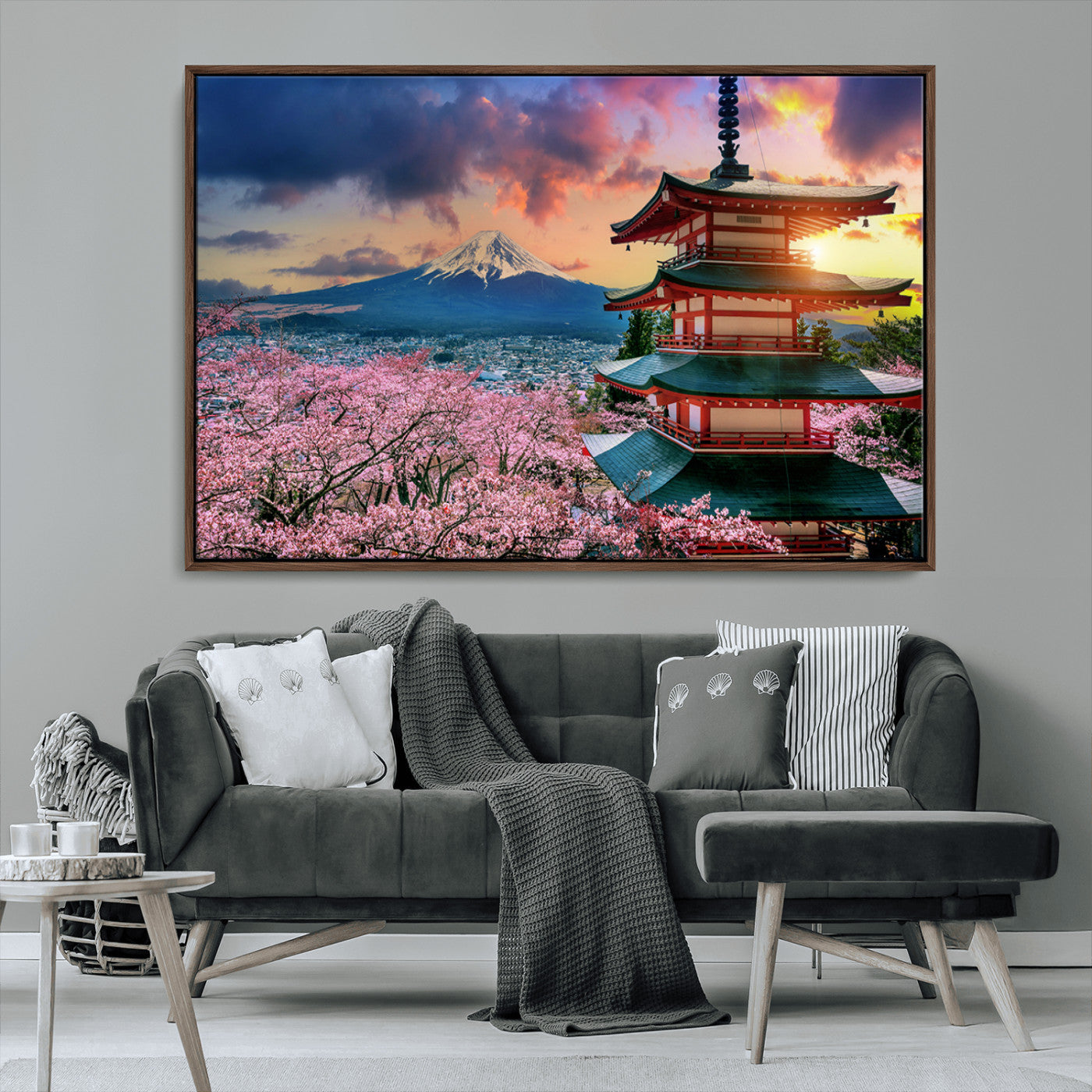 32331262-MGV-CV-36X24-Mount Fuji Japan Wall Art – Cherry Blossom Landscape Canvas Print, Chureito Pagoda Sunset Photography, Japanese Nature Travel