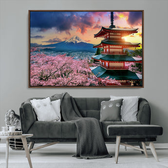 32331262-MGV-CV-36X24-Mount Fuji Japan Wall Art – Cherry Blossom Landscape Canvas Print, Chureito Pagoda Sunset Photography, Japanese Nature Travel
