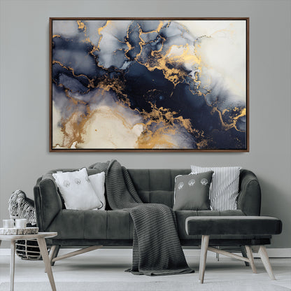 41136487-MGV-FC-36X24_Walnut-Black Marble Wall Art Canvas Print, Framed Gold Veins Art Picture Print, Abstract Texture Perfect Moody Luxe Decor Artwork