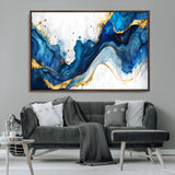 33506371-MGV-CV-36X24-Blue Marble Wall Art Canvas Print, Framed Gold Splash Art Picture Print, Abstract Wave Perfect Modern Luxe Decor Artwork