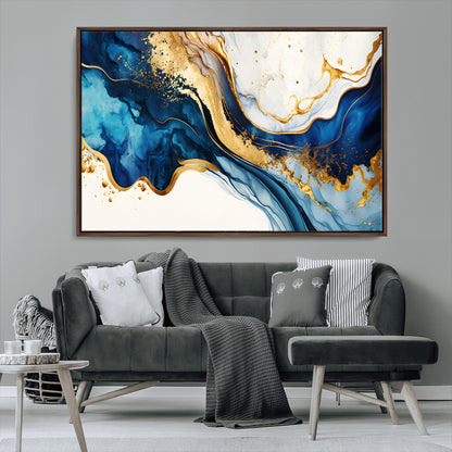 60283636-MGV-CV-36X24-Blue Gold Flow Wall Art Canvas Print, Framed Marble Texture Art Picture Print, Elegant Splash Perfect Elegant Abstract Decor